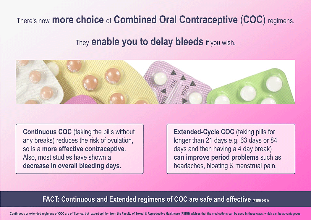 Continuous or extended regimens of COC are off-licence but expert opinion from the Faculty of Sexual & Reproductive Healthcare (FSRH) advises that the medications can be used in these ways, which can be advantageous. coc